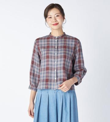 【返品交換送料無料/先行受注】【Lサイズ】リネンキースチェックブラウス＜4月中旬お届け予定＞