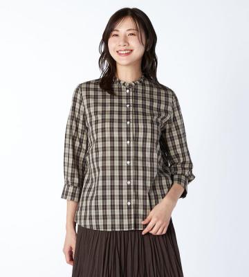 ブロードチェック柄がさりげなく華やかな７分袖ブラウス等新規入荷いたしました。