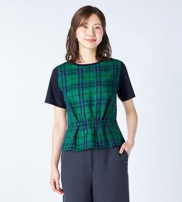 前身ごろをチェック柄で切り替えた、異素材MIXデザインのプルオーバートップス等新規入荷いたしました。